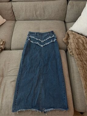 Princess Polly Denim Maxi Skirt with Frayed Waist Detail - Dark Blue